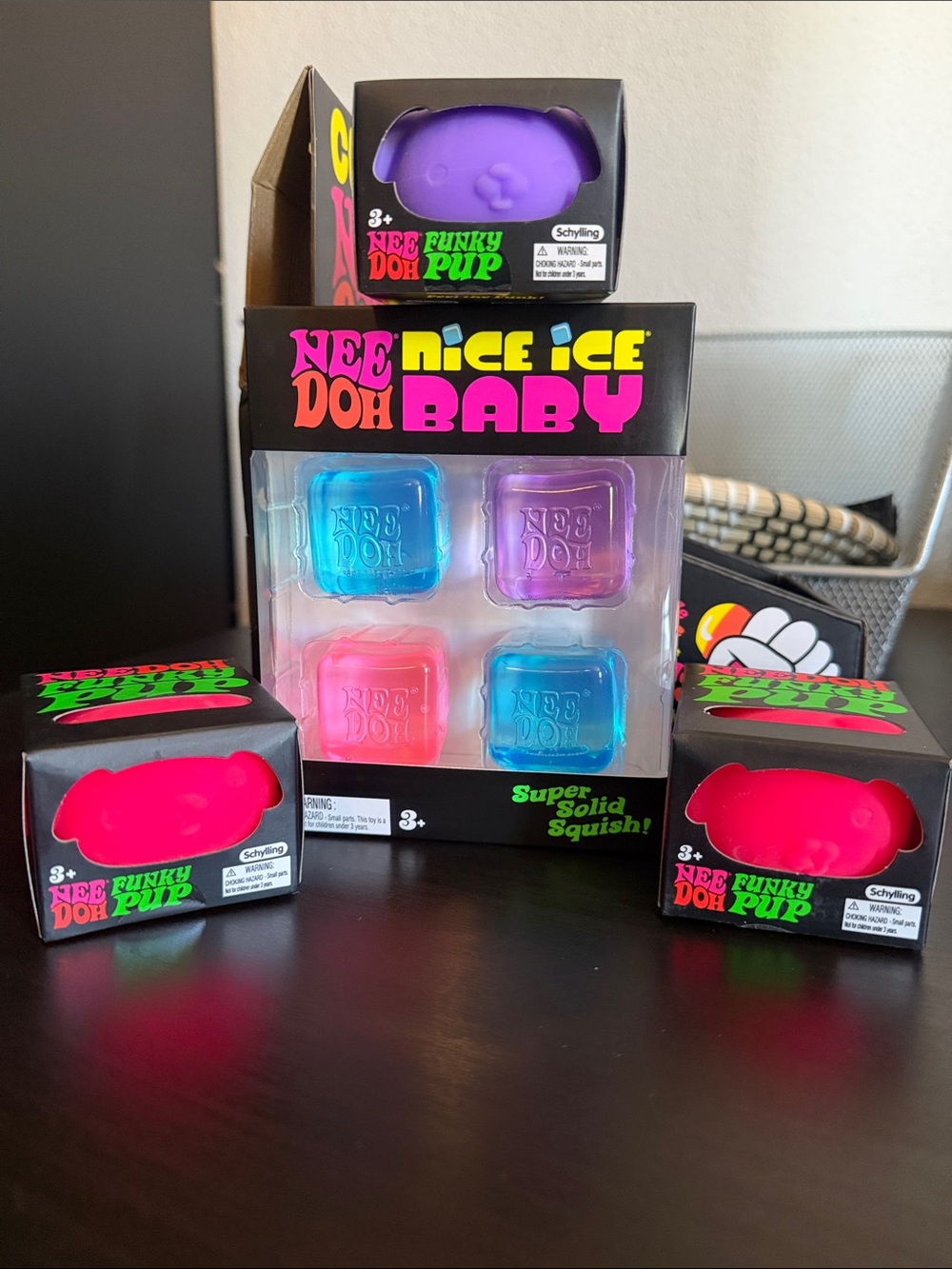 NeeDoh Nice Ice Baby Squish Set - Neon Blue, Pink, Purple & funky pups 4 pack